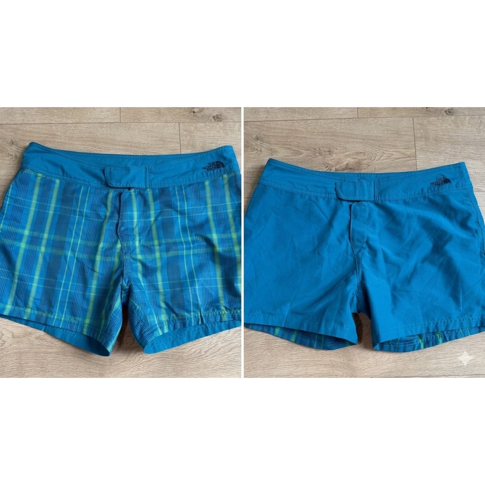 THE NORTH FACE size 12 women's REVERSIBLE Swim Board Shorts Blue/Green Plaid
